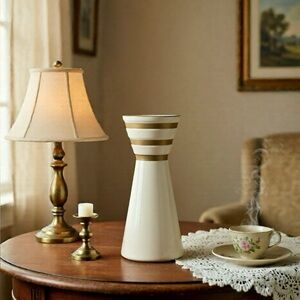 Cone Candle Holder/Vase-White with Gold Stripes MCM Space Age, 10.25” Tall